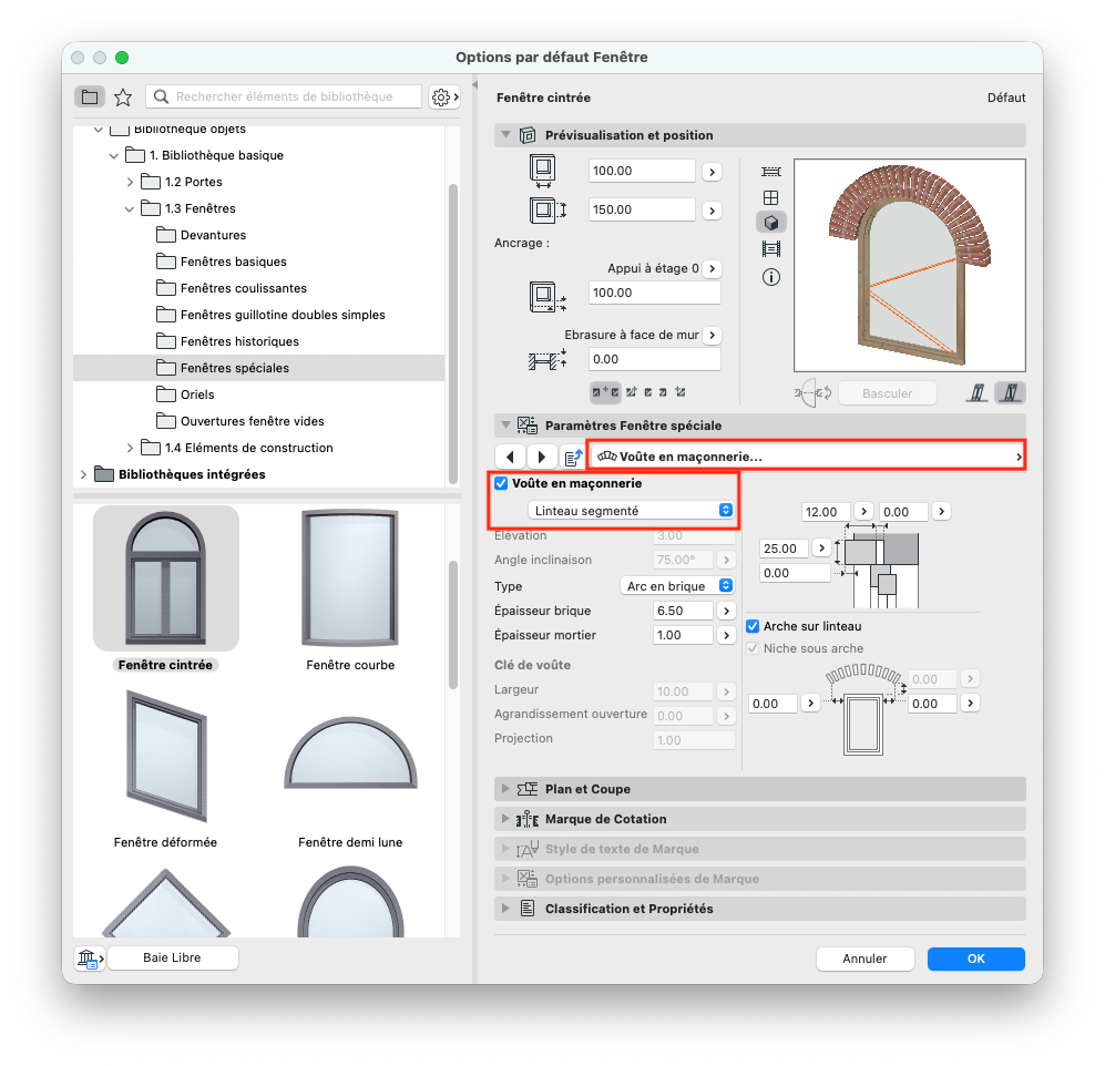  Capture d'écran ArchiCAD : dialogue « Options par défaut Fenêtre » avec la case « Voûte en maçonnerie » cochée et le linteau réglé sur « Linteau segmenté », illustrant la fenêtre cintrée avec arc en brique.