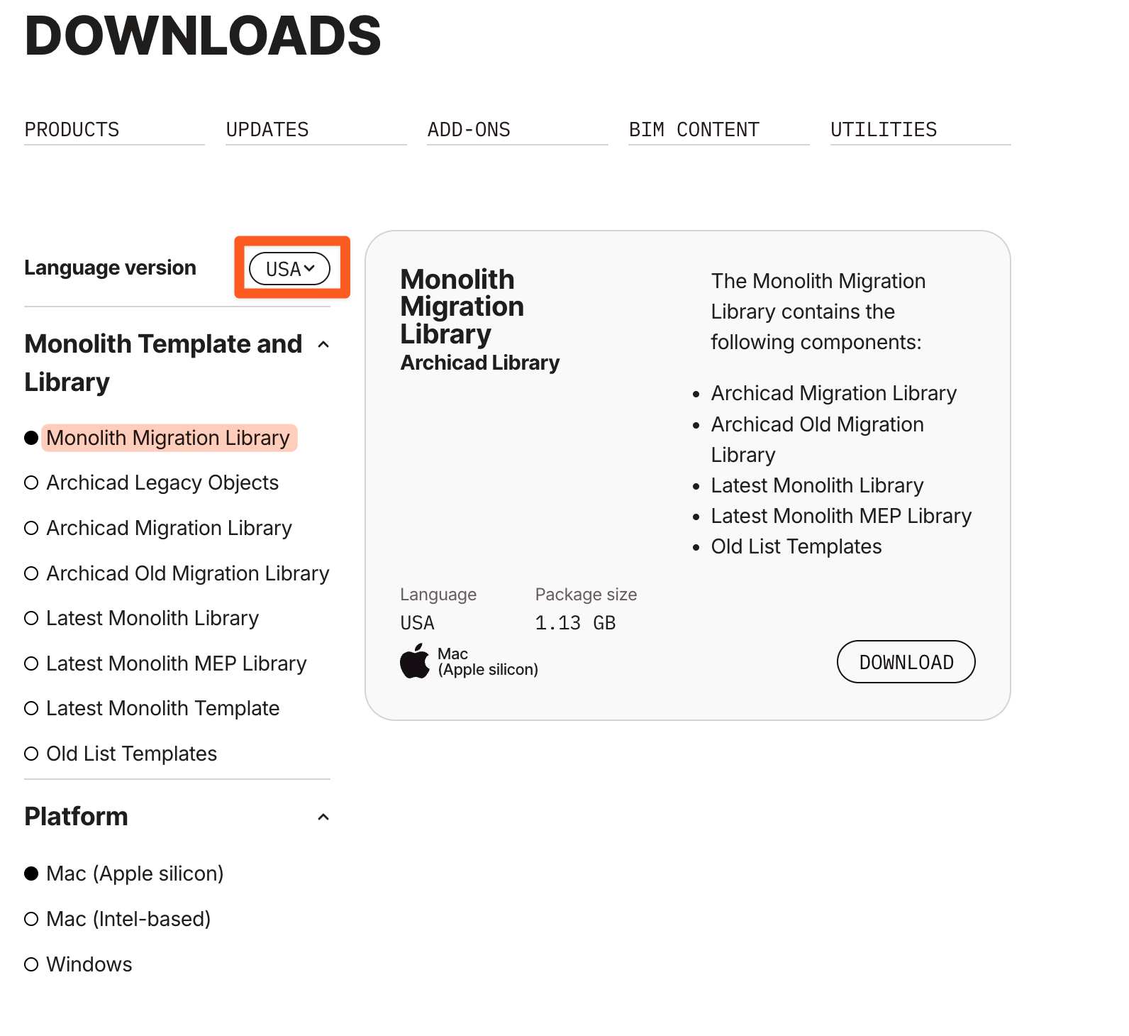 Graphisoft Download page, showcasing where to set the desired language version.