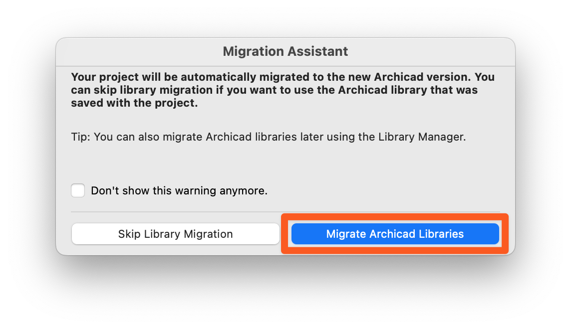 Migration Assistant dialog window, highlighting the button that needs to be pressed; "Migrate Archicad Libraries".