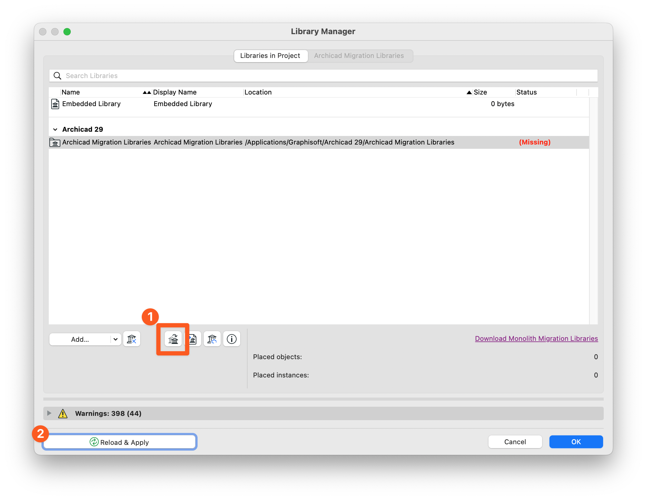 Library Manager showing the buttons that need to be pressed in order to manually migrate the library.