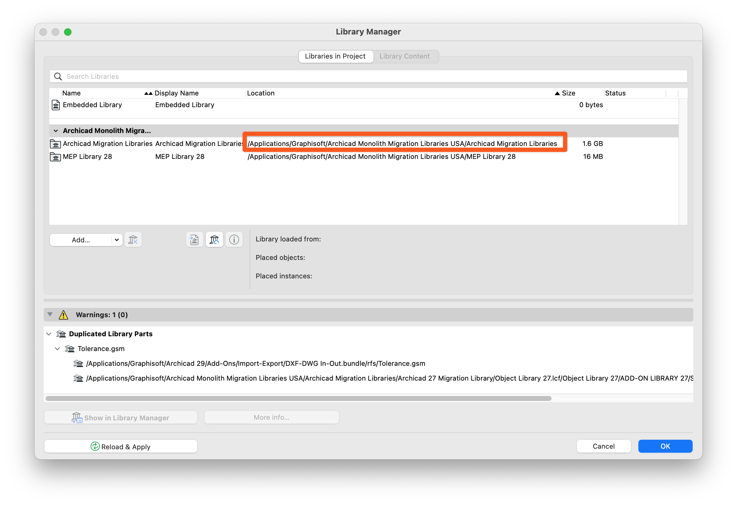Library manager dialog, highlighting the path name that should appear.