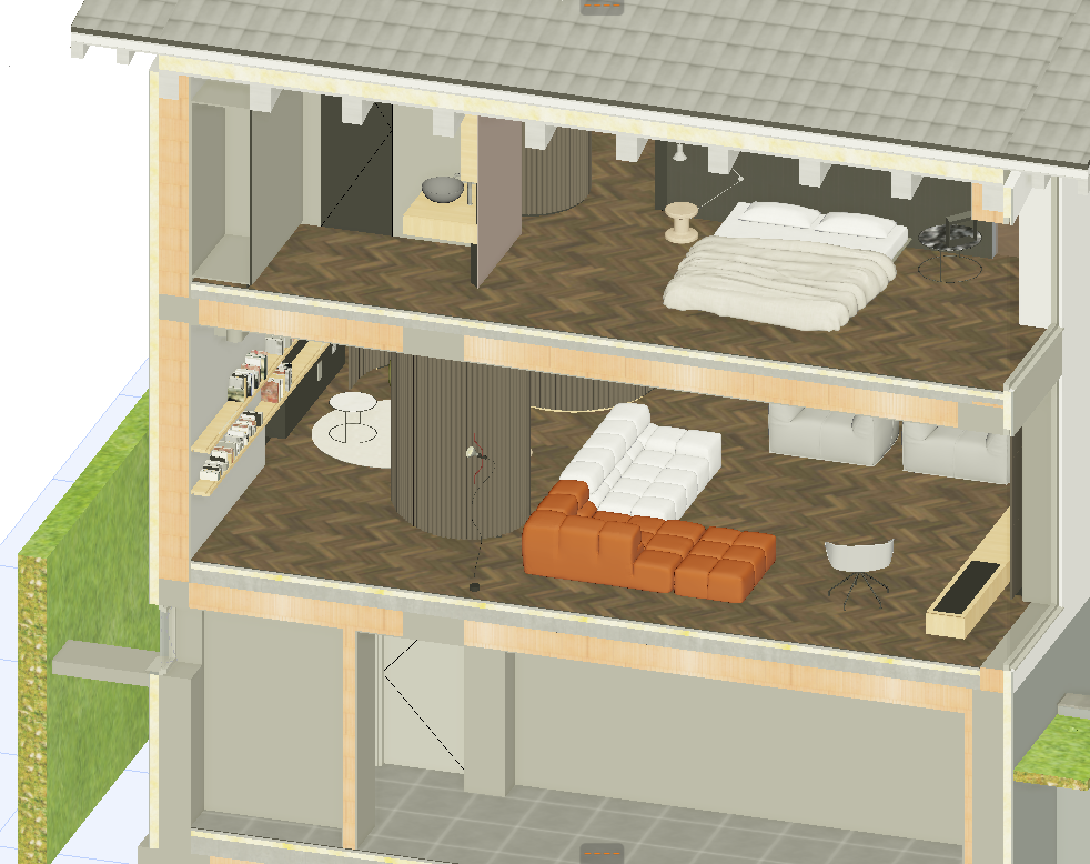 3D-Modell in Archicad, bei der die Schnittflächendarstellung wie in den Elementen definiert dargestellt wird.