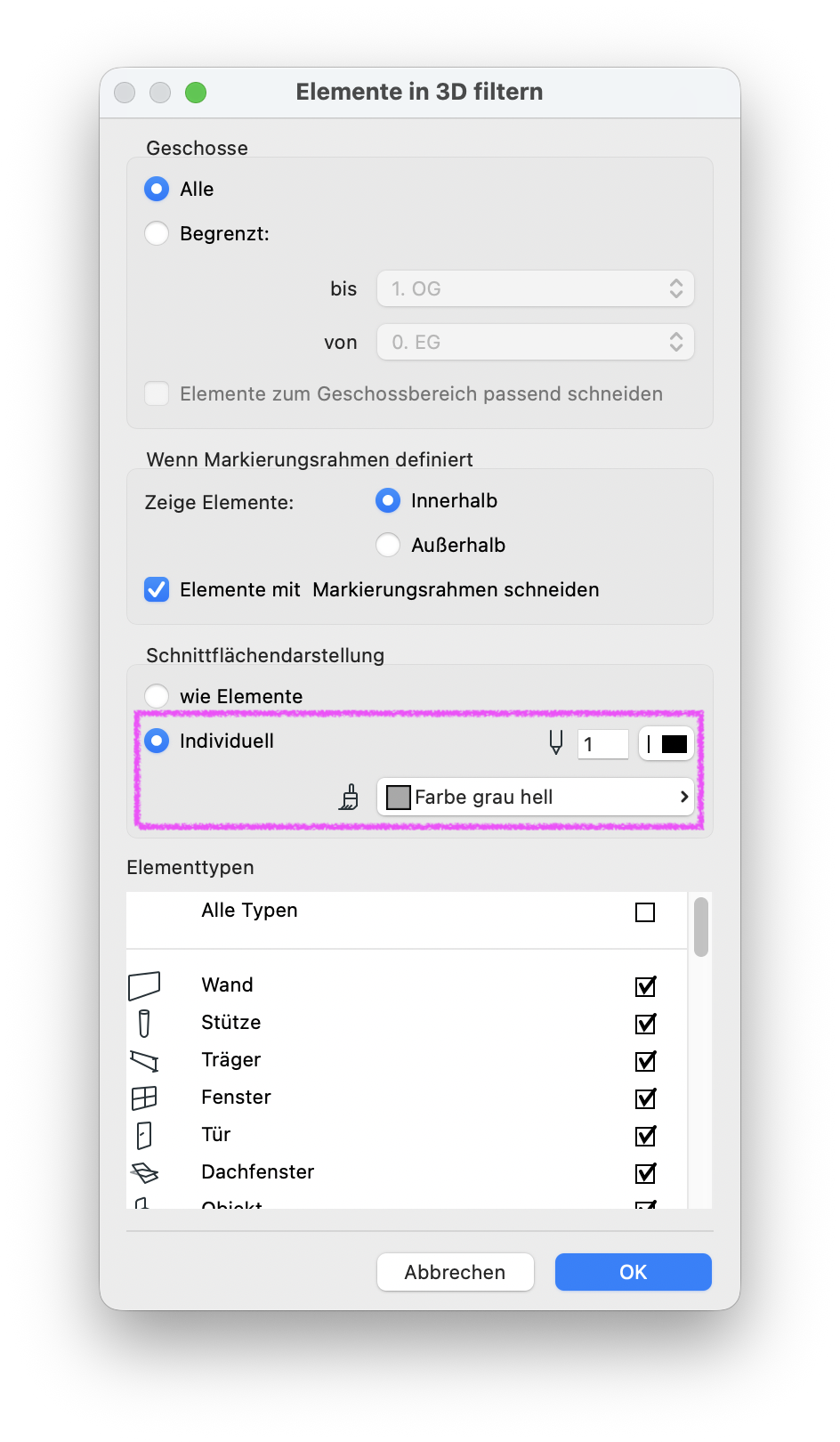 Dialog "Elemente in 3D filtern" mit der Option "Individuell; Farbe grau hell" unter "Schnittflächendarstellung" definiert.