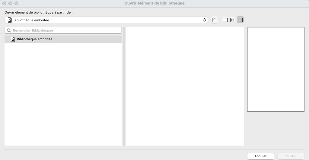 Boîte de dialogue Archicad « Ouvrir élément de bibliothèque » affichant « Bibliothèque emboîtée » sélectionnée dans le menu et la liste, avec un aperçu vide et les boutons Annuler et Ouvrir.