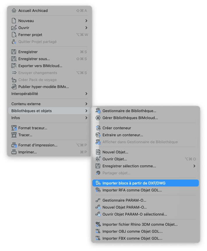 Menu Archicad avec le sous-menu Bibliothèques et objets déployé, montrant l'option « Importer blocs à partir de DXF/DWG » surlignée en bleu parmi les commandes de gestion d'objets et de bibliothèque.
