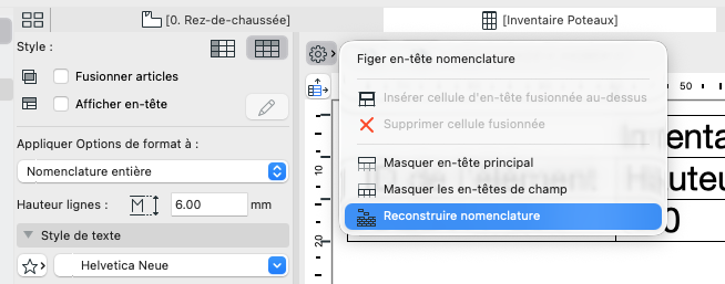 Capture d'écran Archicad des paramètres de style d'une nomenclature « Inventaire Poteaux », avec le menu contextuel de l'en-tête ouvert et l'option « Reconstruire nomenclature » surlignée en bleu.