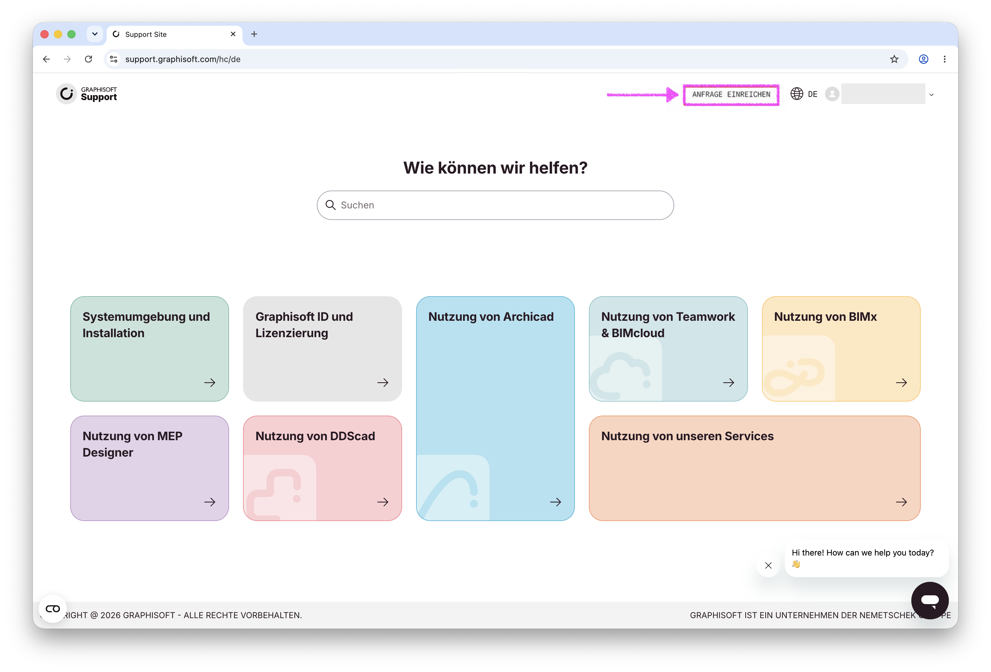 Graphisoft Support Seite für DE mit hervorgehobener "Anfrage einreichen" Option.