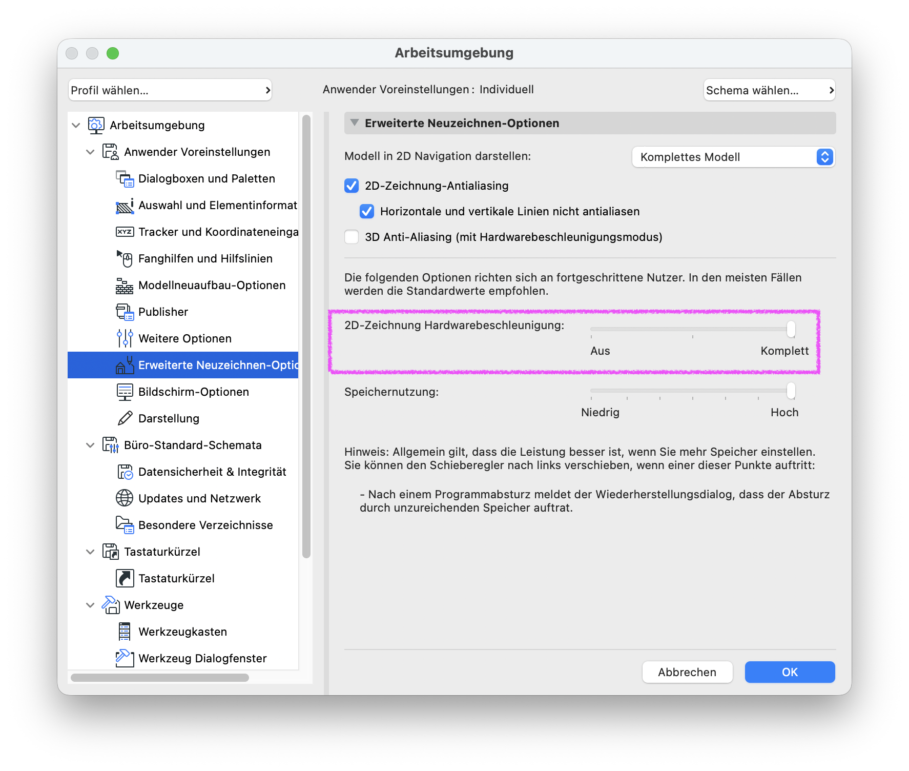 Erweiterte Neuzeichnen-Optionen in der Arbeitsumgebung mit hervorgehobener "2D-Zeichnung Hardwarebeschleunigung".