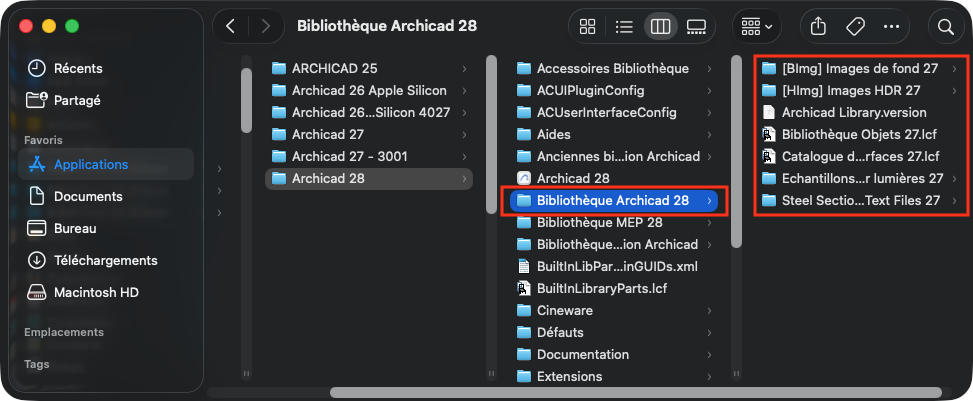 Finder macOS en vue Colonnes : chemin Applications > Archicad 28 > Bibliothèque Archicad 28 (encadré en rouge), avec le contenu du dossier de bibliothèque affiché dans la colonne de droite.