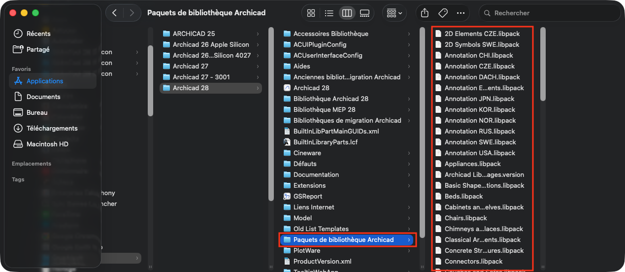 Fenêtre du Finder macOS en mode colonnes : Applications > Archicad 28 > dossier « Paquets de bibliothèque Archicad » encadré en rouge, dont le contenu affiche les fichiers .libpack (Annotation CZE, DACH, USA, Chairs, Connectors…).