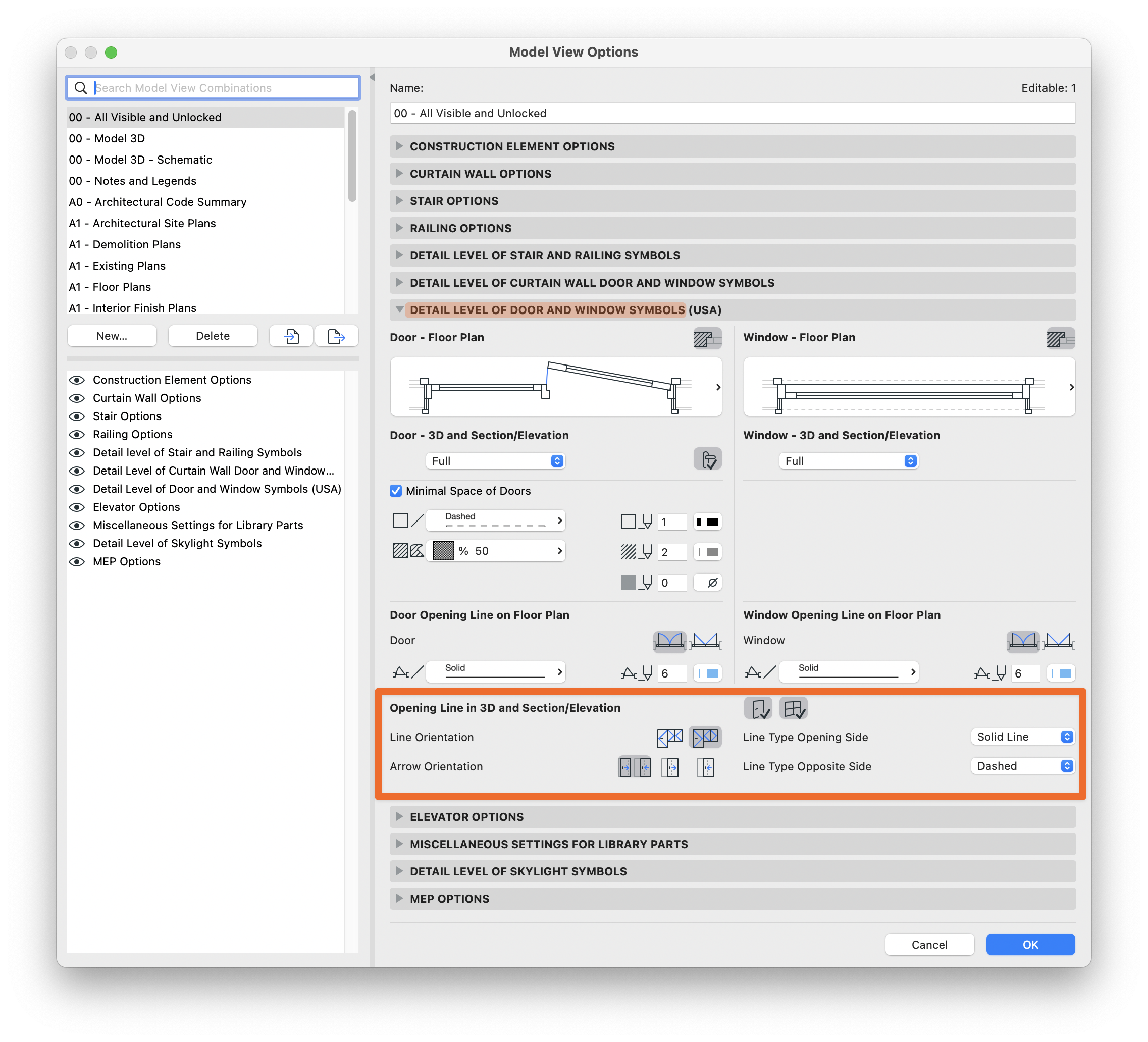 Detail Level of Door and Window Symbols tab in Model View Options