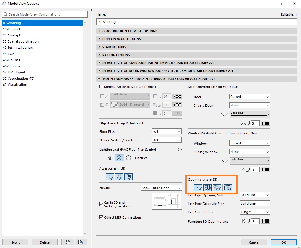 Model View Options dialog showing Opening Line in 3D