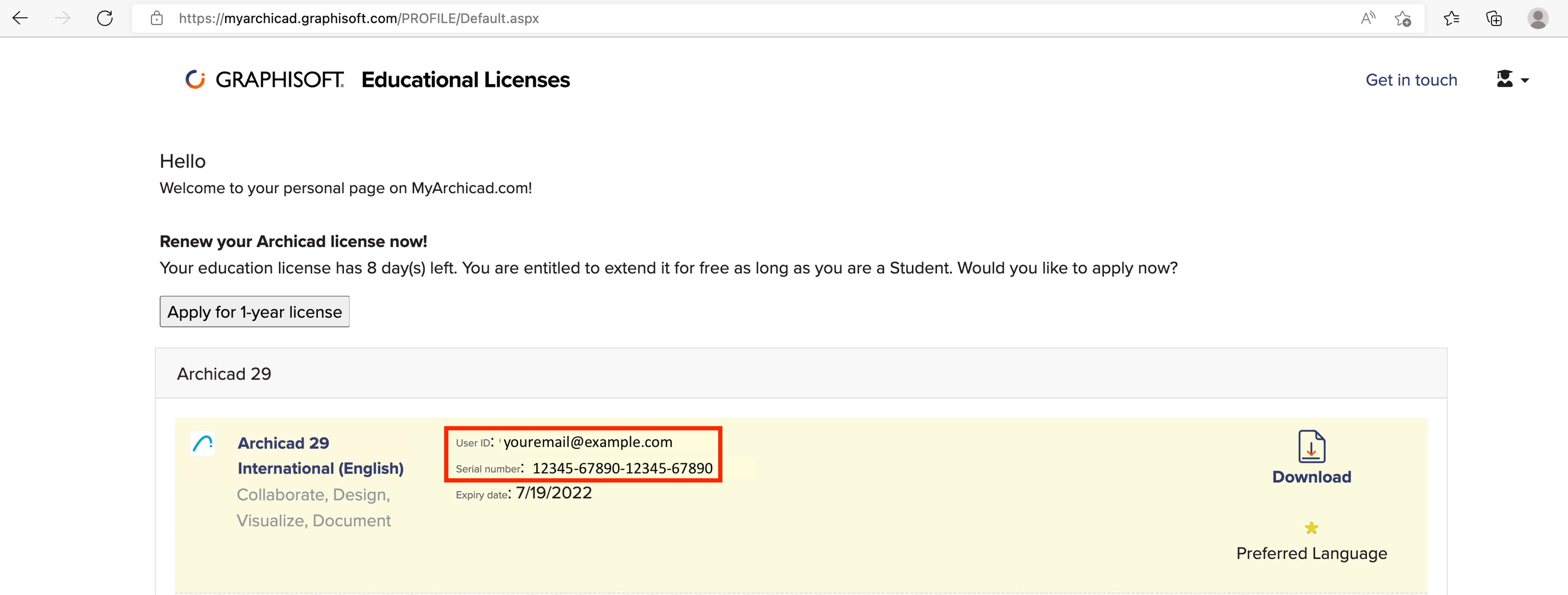 Página do MyArchicad mostrando as informações da licença educacional, incluindo o User ID e o Serial Number