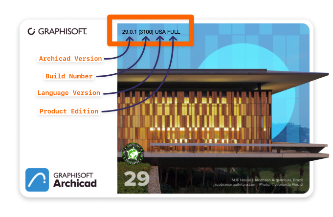 A captura de tela mostra a tela de abertura Sobre o Archicad, que exibe o número da build e a versão do idioma do Archicad instalado no seu computador.