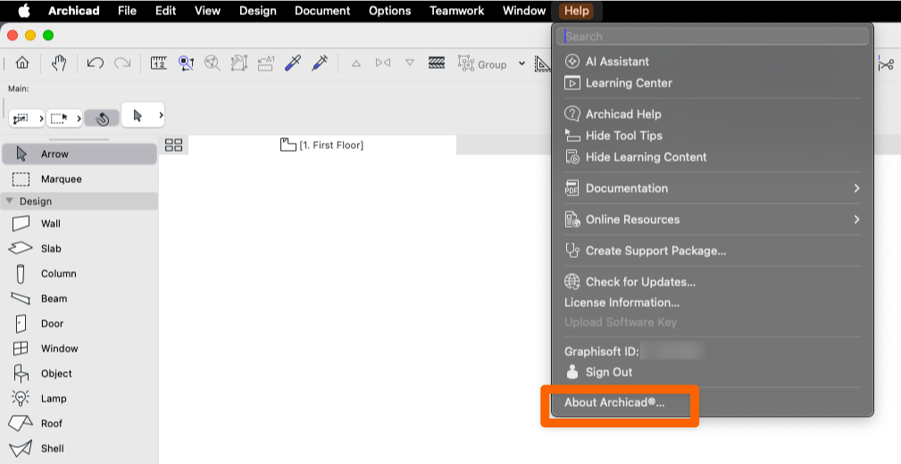 Screenshot shows the Ajuda > Sobre Archicad barra de menus item, which is how you can Pesquisar the build Número of Archicad installed ativa your computer.
