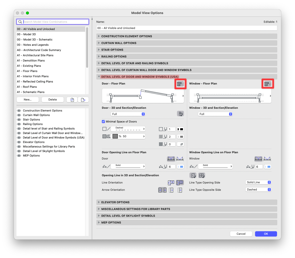 Screenshot shows the Opções de Visualização do Modelo dialog box, and Contornos the exact button that needs to be pressed in order to toggle the 'Distância ao Plano da Parede' Função and Resolver the Anotação.