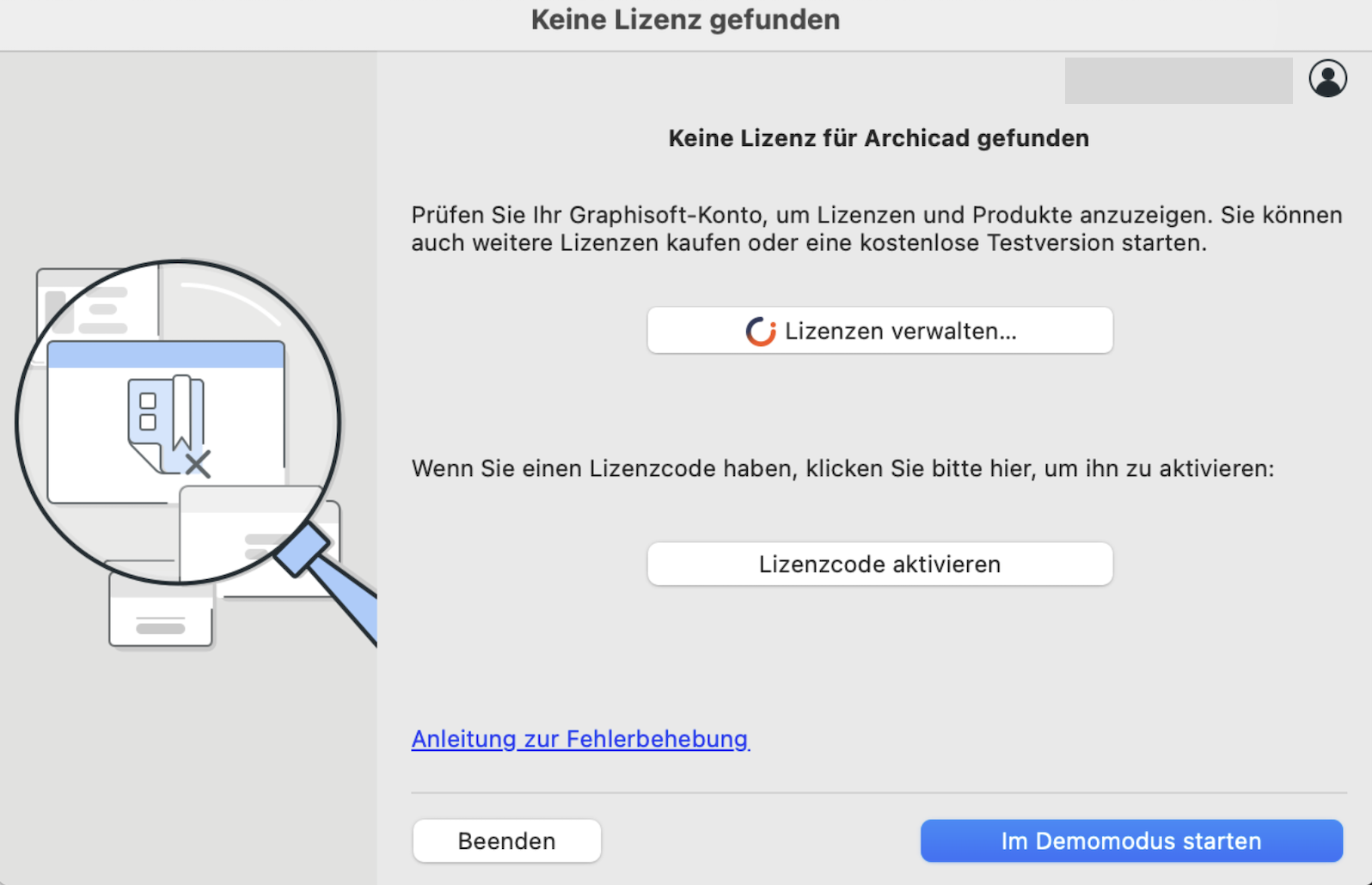 Archicad Meldung: Keine Lizenz gefunden.