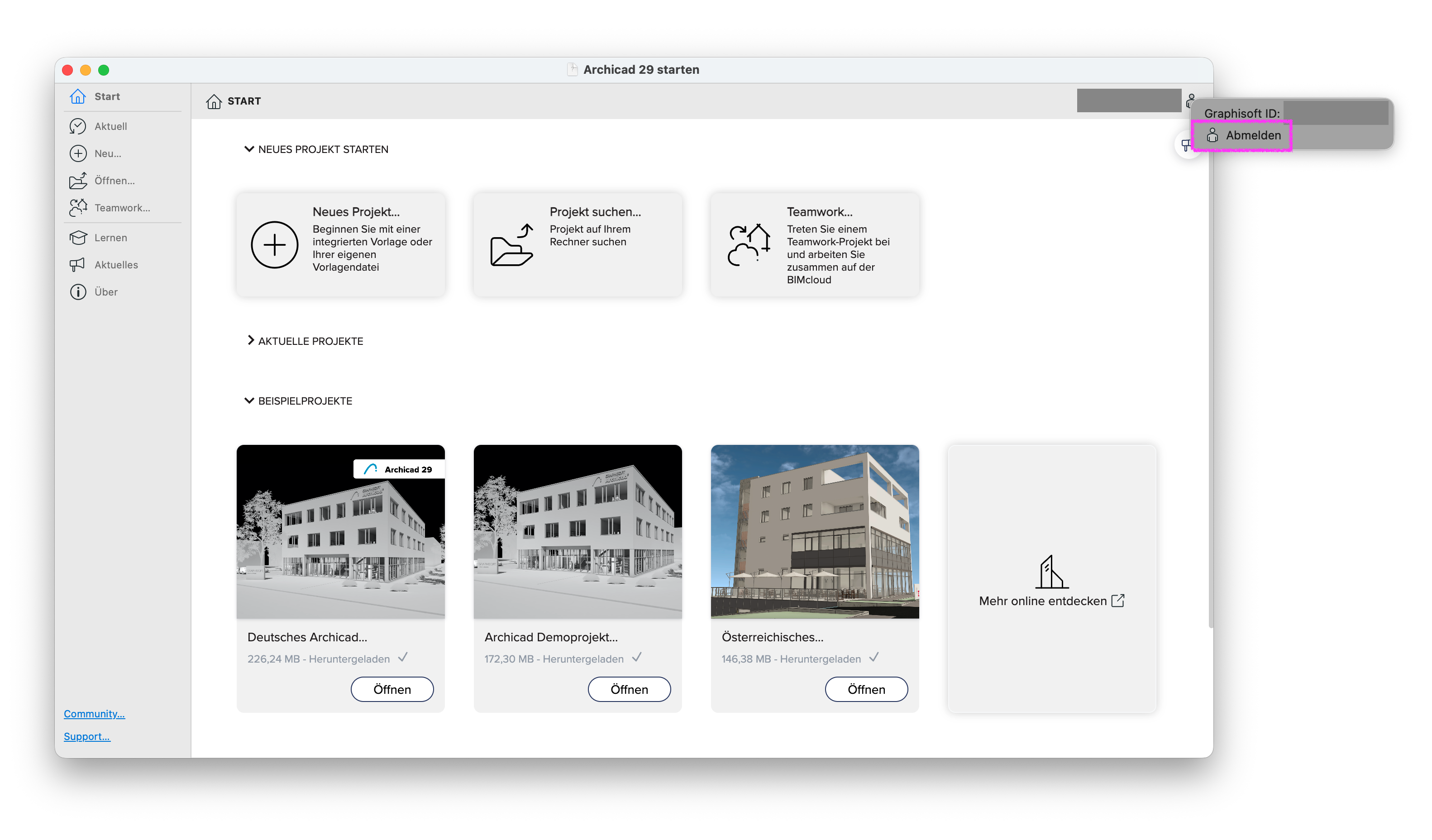 Archicad 29 Startseite mit hervorgehobener Abmelde-GSID-Schaltfläche.