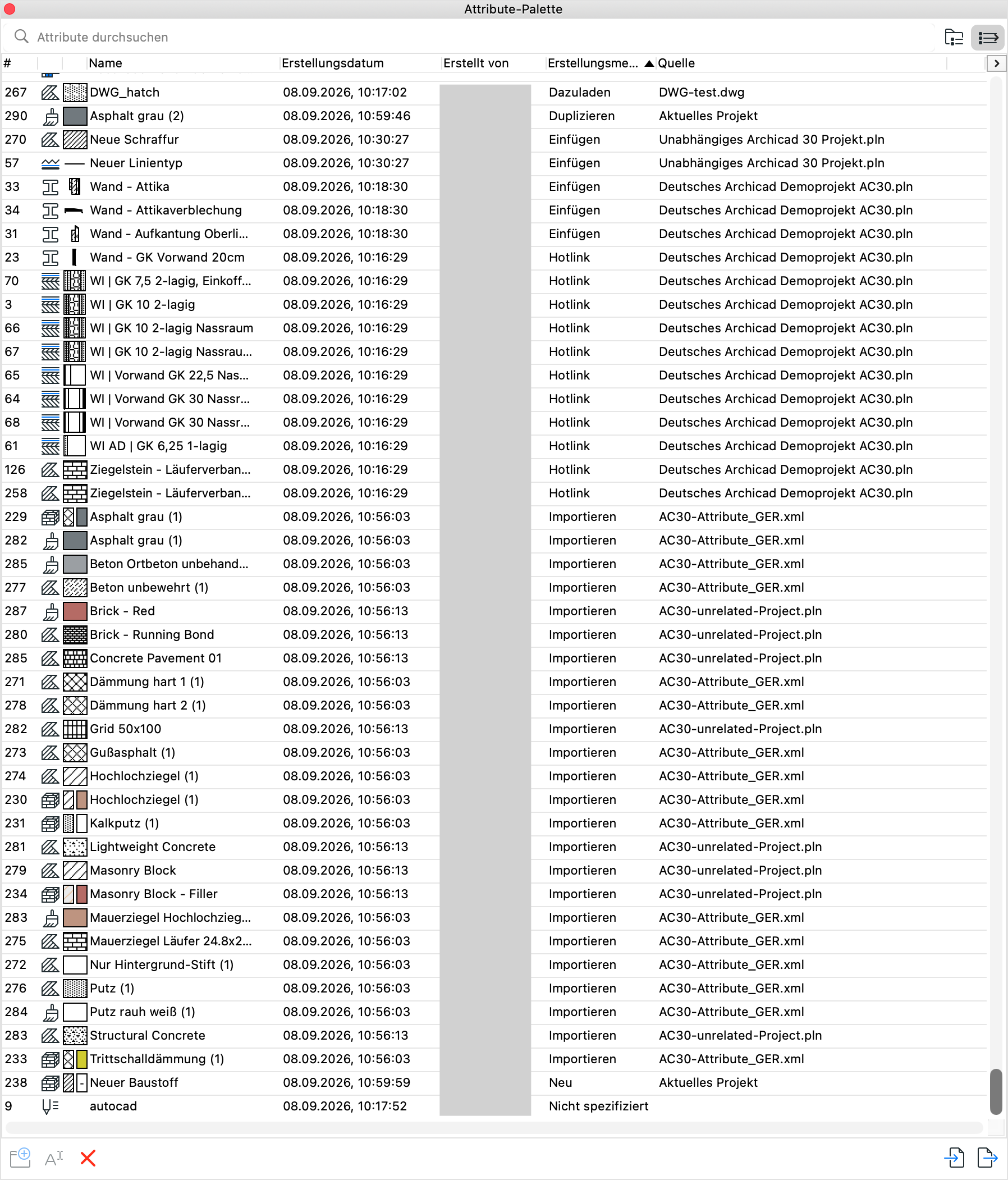 Die Attribute-Palette zeigt Projektattribute mit den Spalten Erstellungsdatum, Erstellt von, Erstellungsmethode und Quelle.
