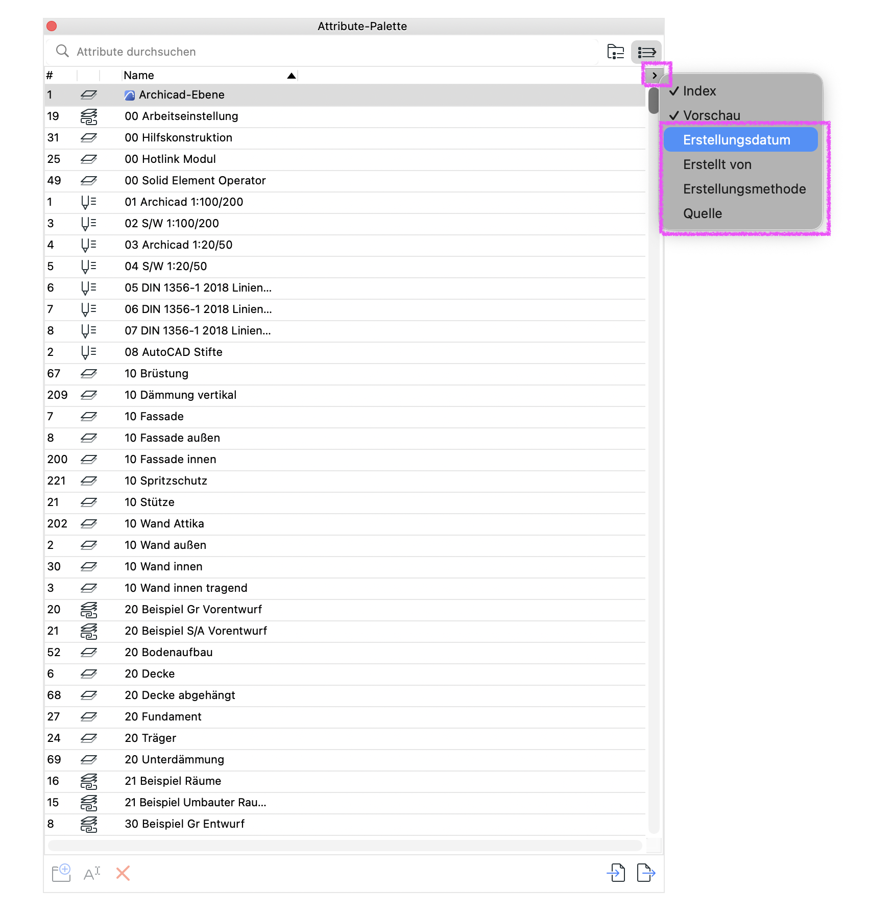 Attribute Palette mit hervorgehobenen Kontextmenüparameter Erstellungsdatum  Erstellt von  Erstellungsmethode z. B. Import, Duplizieren, Neu, Einfügen, Hotlink, Zusammenführen und Quelle.