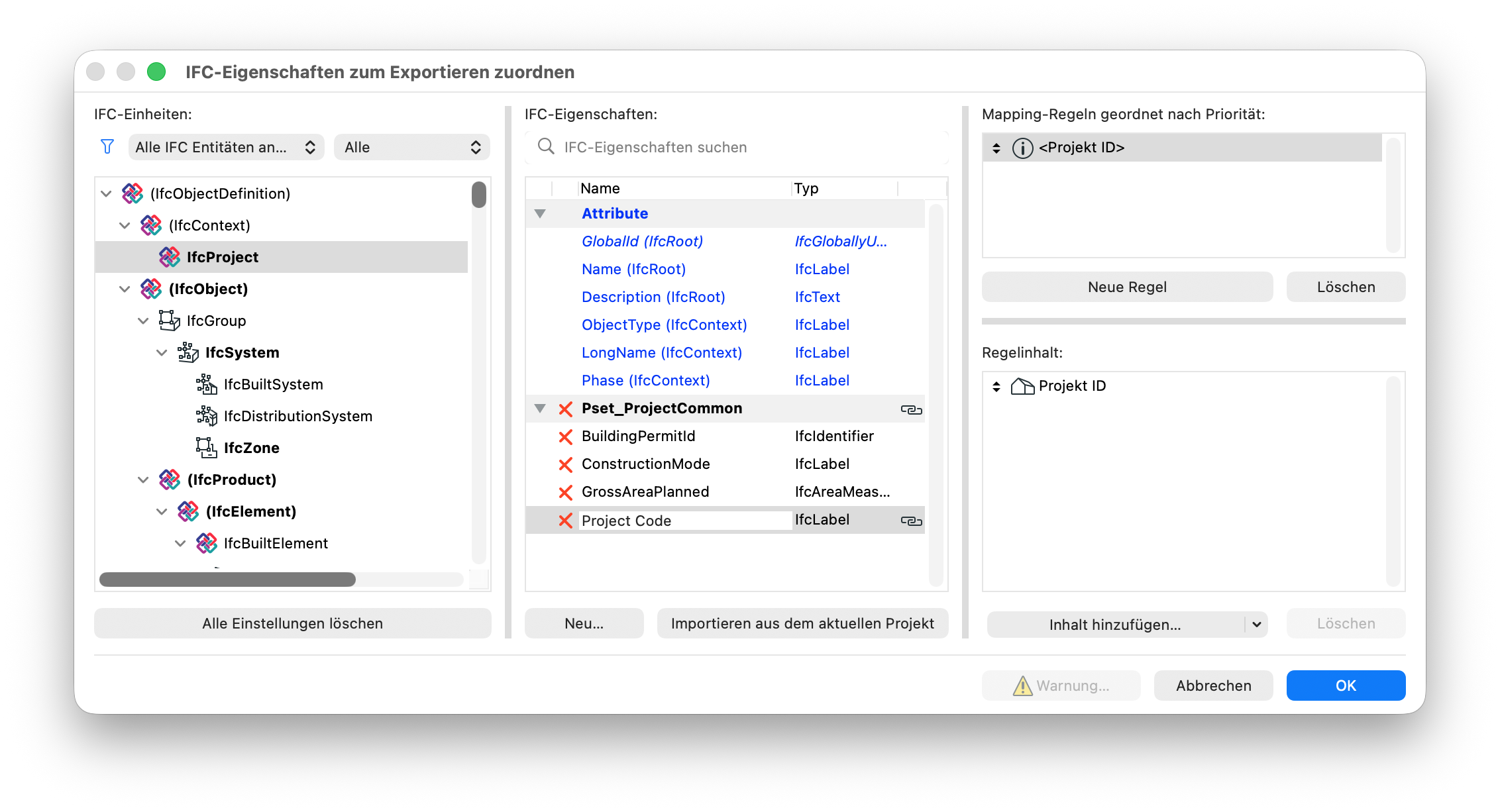 Dialogfenster IFC-Eigenschaften zum Exportieren zuordnen mit ausgewählter IFC-Entität IfcProject. Die IFC-Eigenschaft Project Code aus Pset_ProjectCommon ist über eine Mapping-Regel mit der Projekt-Info Projekt ID verknüpft.