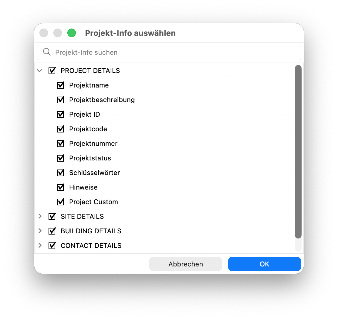 Dialogfenster Projekt-Info auswählen zur Zusammenstellung eines individuellen Sets für die BIMx-Publikation.