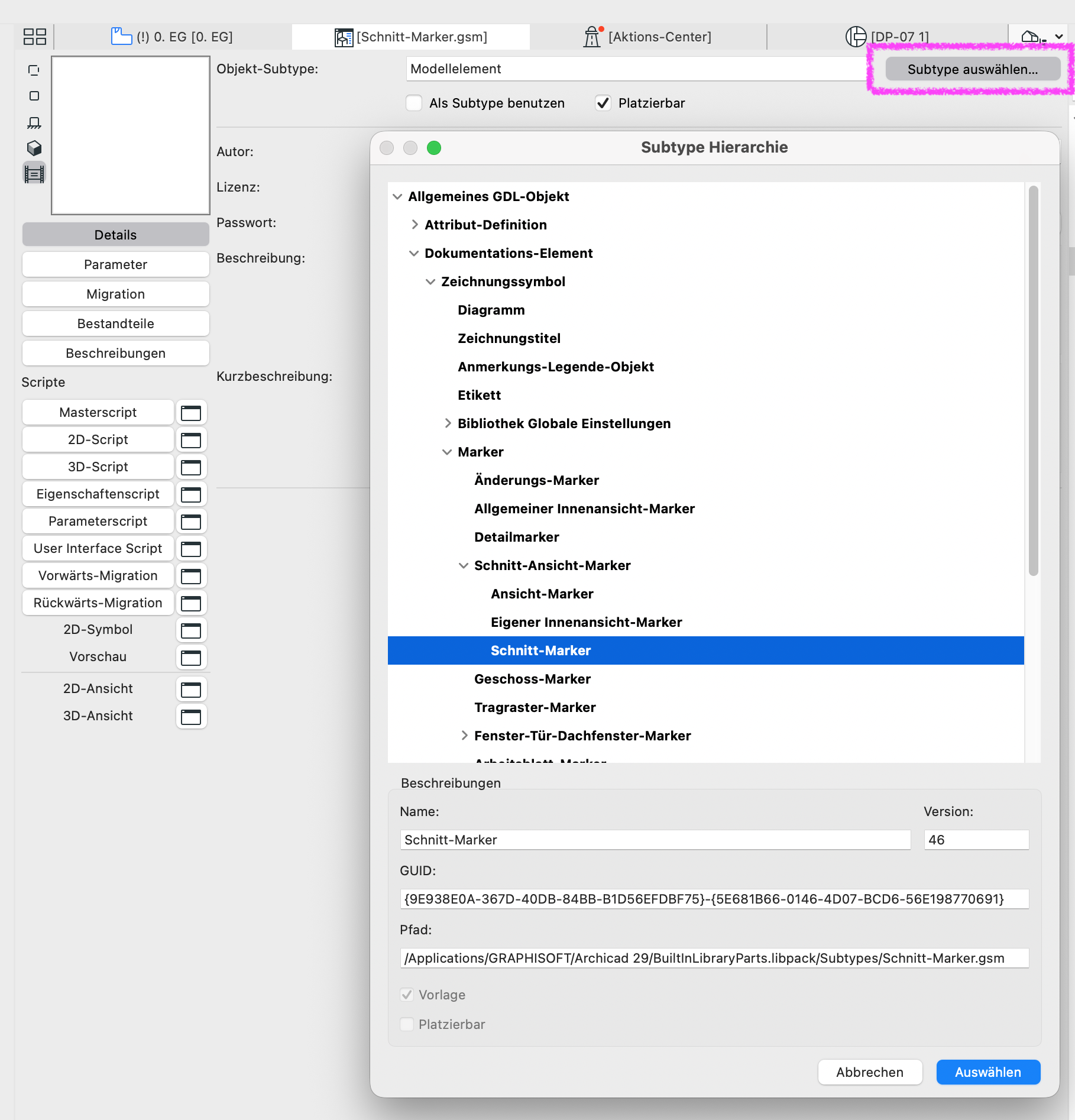 Dialogfenster Subtype Hierarchie im Bibliothekselement-Editor. In der Hierarchie unter Dokumentations-Element, Marker und Schnitt-Ansicht-Marker ist der Subtyp Schnitt-Marker ausgewählt.