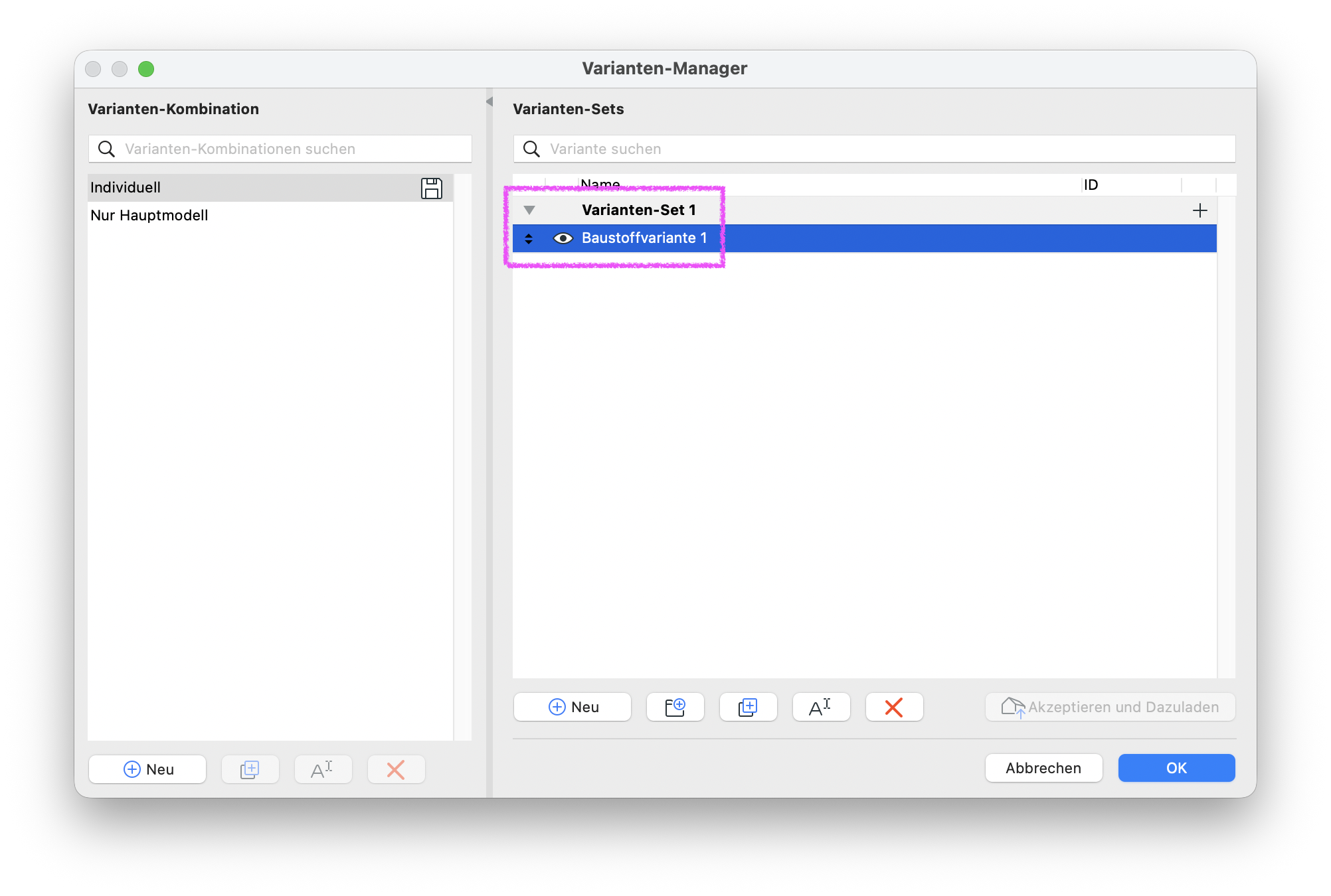 Varianten‑Manager mit der ausgewählten und sichtbaren Variante Baustoffvariante 1 im Varianten‑Set 1.