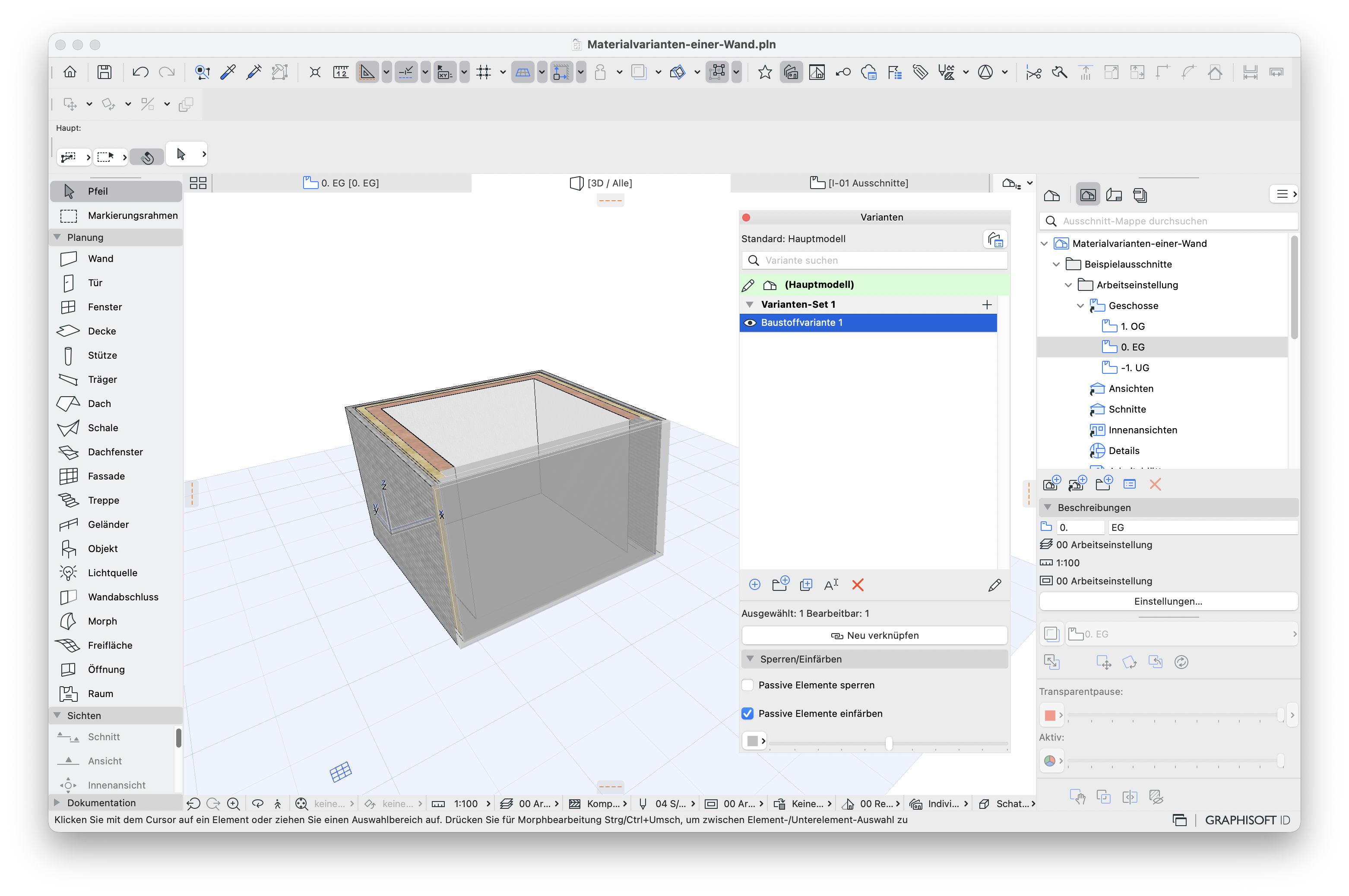 3D‑Modell einer Wand mit geöffneter Varianten‑Palette und ausgewählter Baustoffvariante 1.