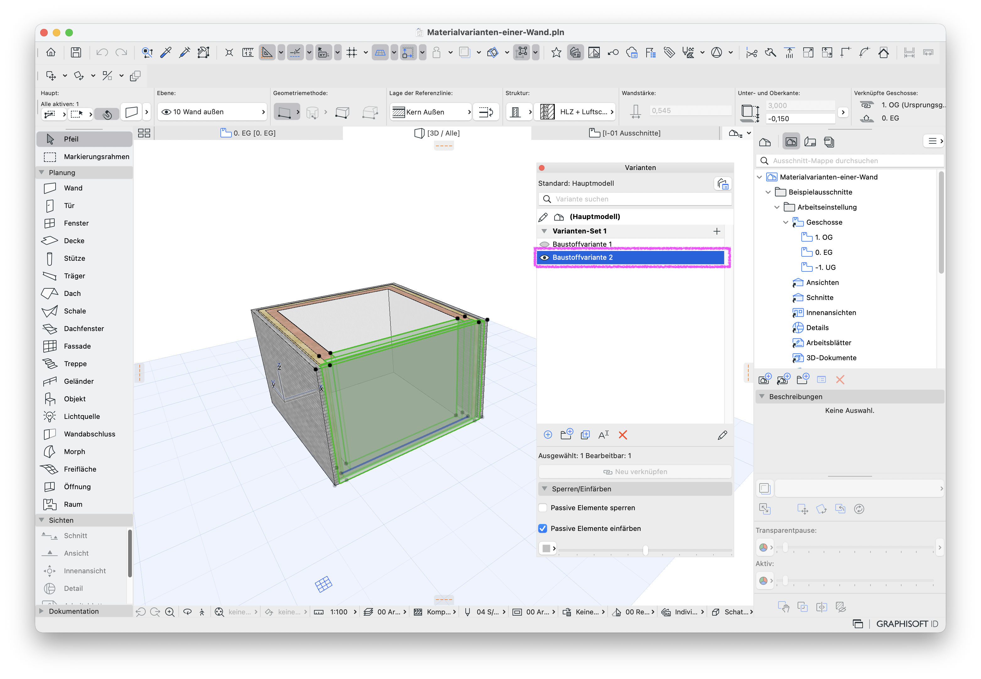 3D‑Modell einer ausgewählten Wand mit aktiver Baustoffvariante 2 in der Varianten‑Palette.
