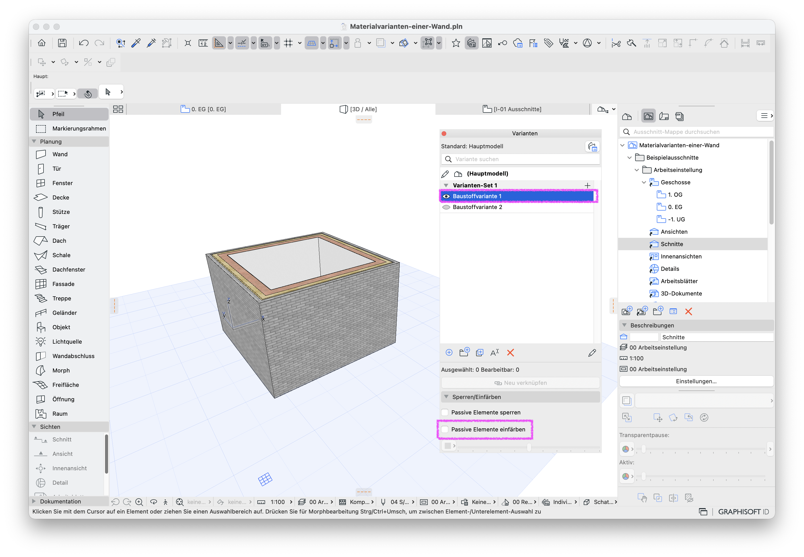 3D‑Modell einer Wand mit aktiver Baustoffvariante 1 und deaktivierter Option Passive Elemente einfärben in der Varianten‑Palette.