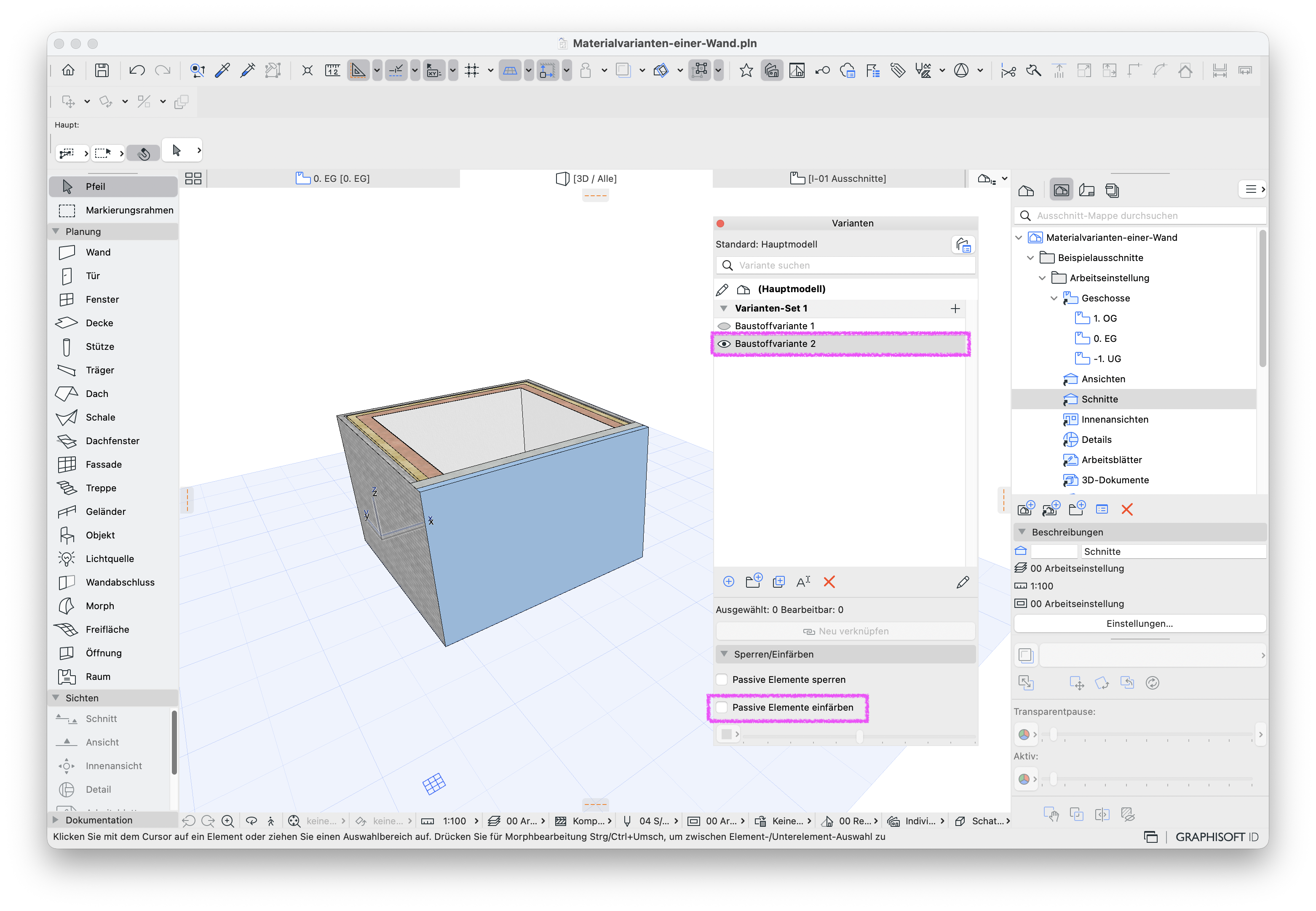 3D‑Modell einer Wand mit aktivierter Baustoffvariante 2 und deaktivierter Option Passive Elemente einfärben in der Varianten‑Palette.