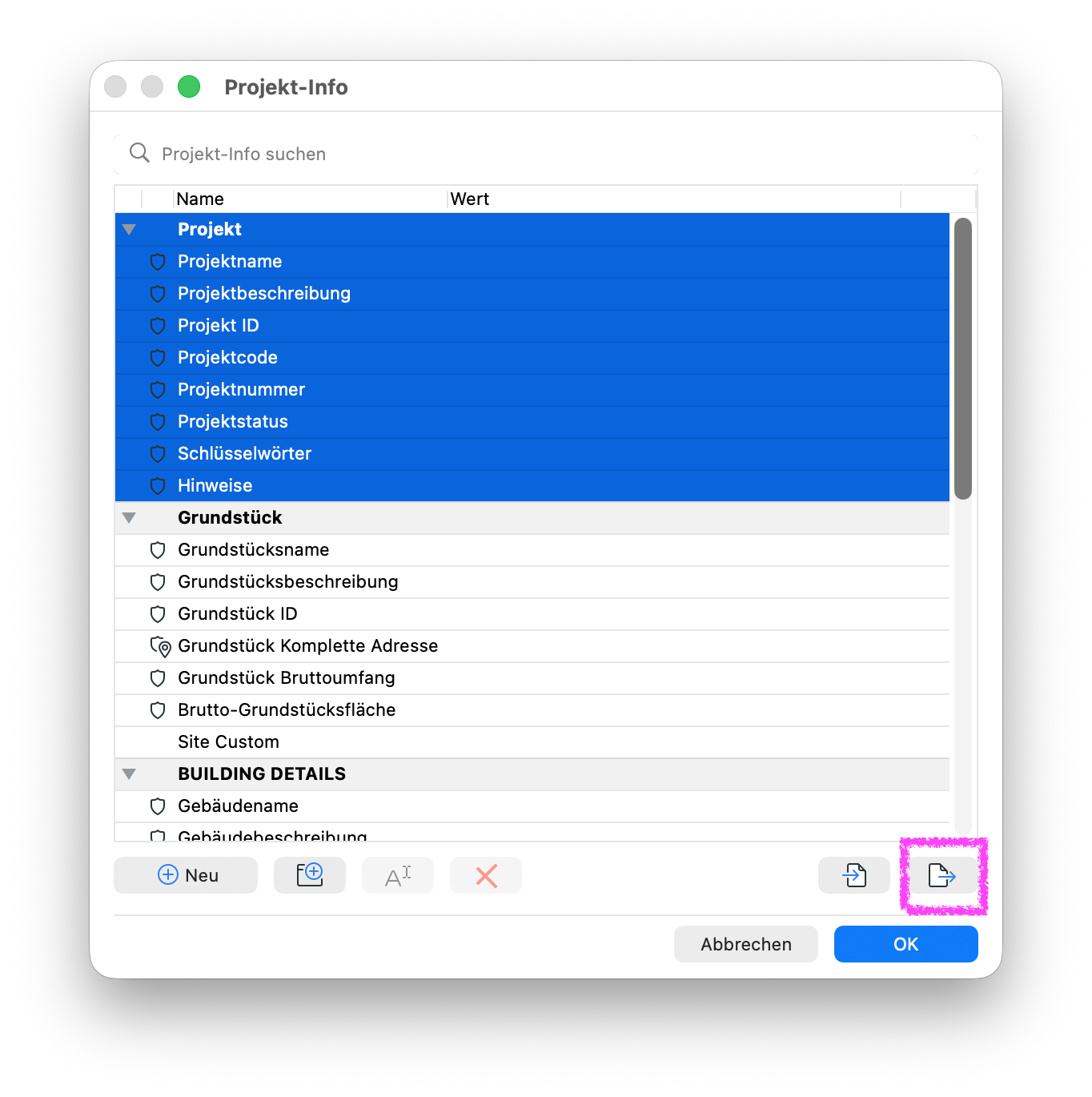 Dialogfenster Projekt-Info mit ausgewählten Einträgen des Bereichs Projekt. Hervorgehoben ist die Schaltfläche zum Exportieren der ausgewählten Projekt-Info-Daten.