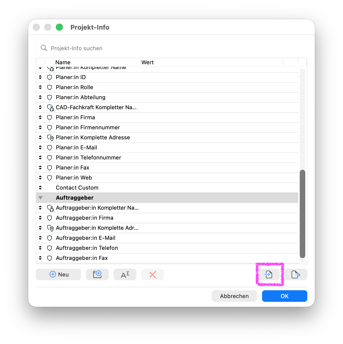 Dialogfenster Projekt-Info mit Angaben zu Planer:in und Auftraggeber. Hervorgehoben ist die Schaltfläche zum Importieren von Projekt-Info-Daten.
