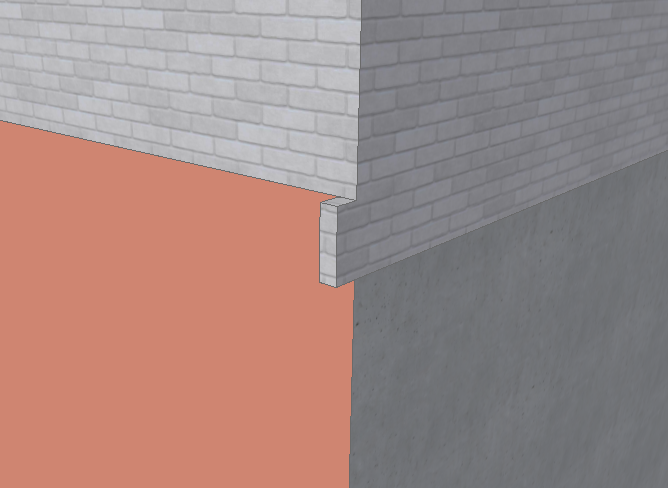 3D‑Detail einer Außenecke mit sichtbar auskragendem Wandteil, während die angrenzenden Wände im Grundriss regulär miteinander verschnitten erscheinen.