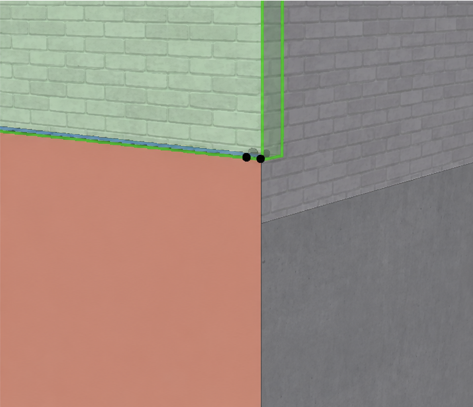 Korrigierte Außenecke im 3D mit verkürzter Wand und nach oben versetzter Referenzlinie, sodass die Wände bündig verschnitten sind.