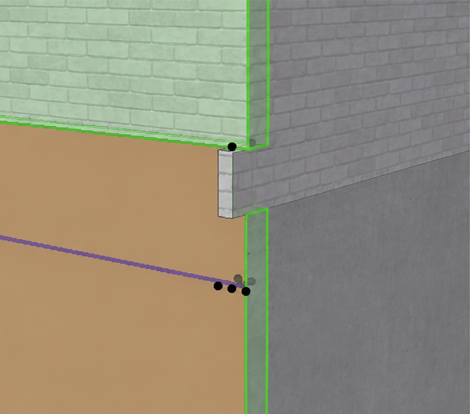 3D‑Detail einer ausgewählten Außenecke mit übereinanderliegenden Wandreferenzlinien und sichtbar auskragendem Wandteil.