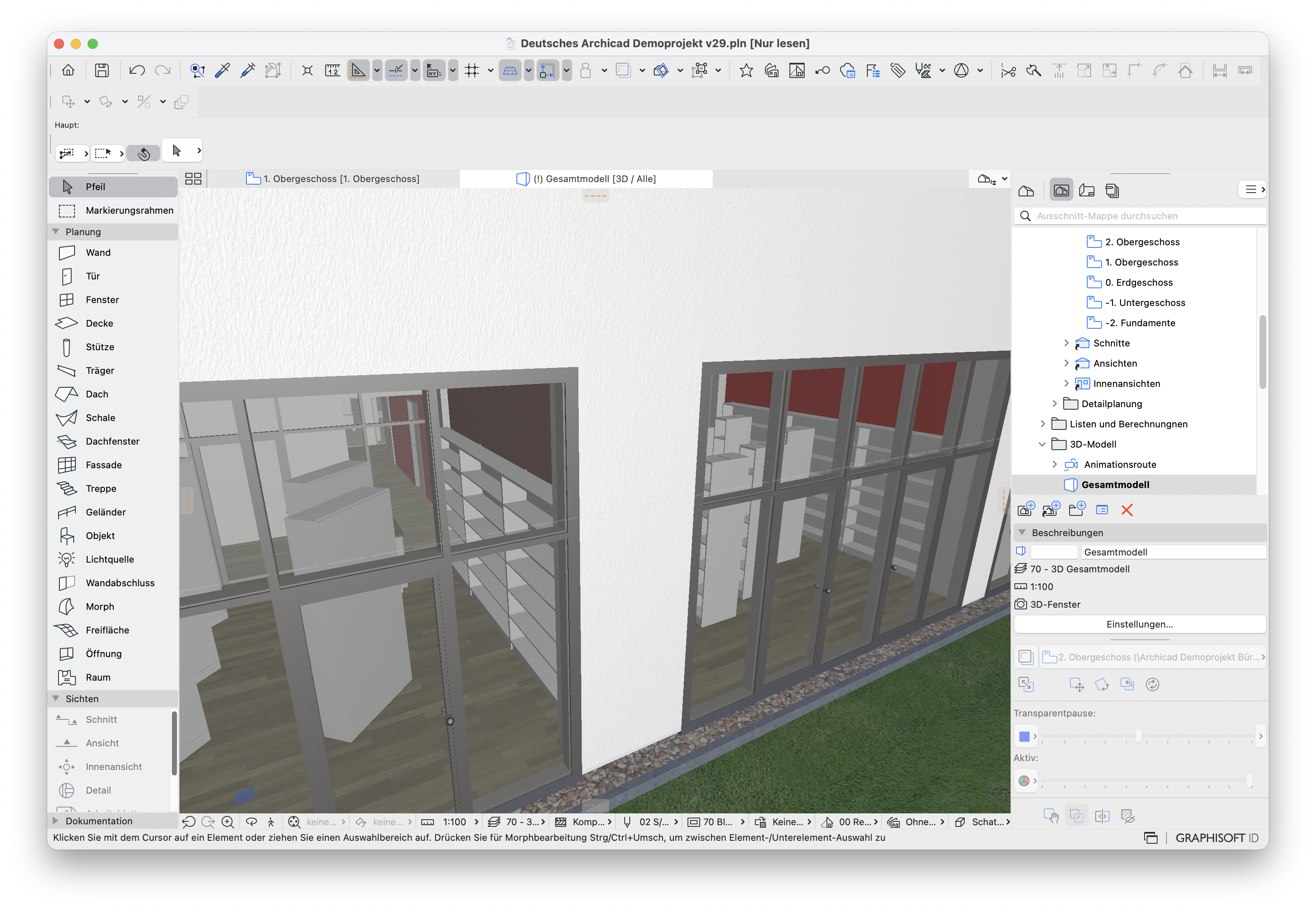 Korrekte 3D‑Darstellung der Fassade nach dem Absenken der Wandhöhe und der Verschneidungspriorität. Die zuvor sichtbare rote Wandkante ist nicht mehr vorhanden.