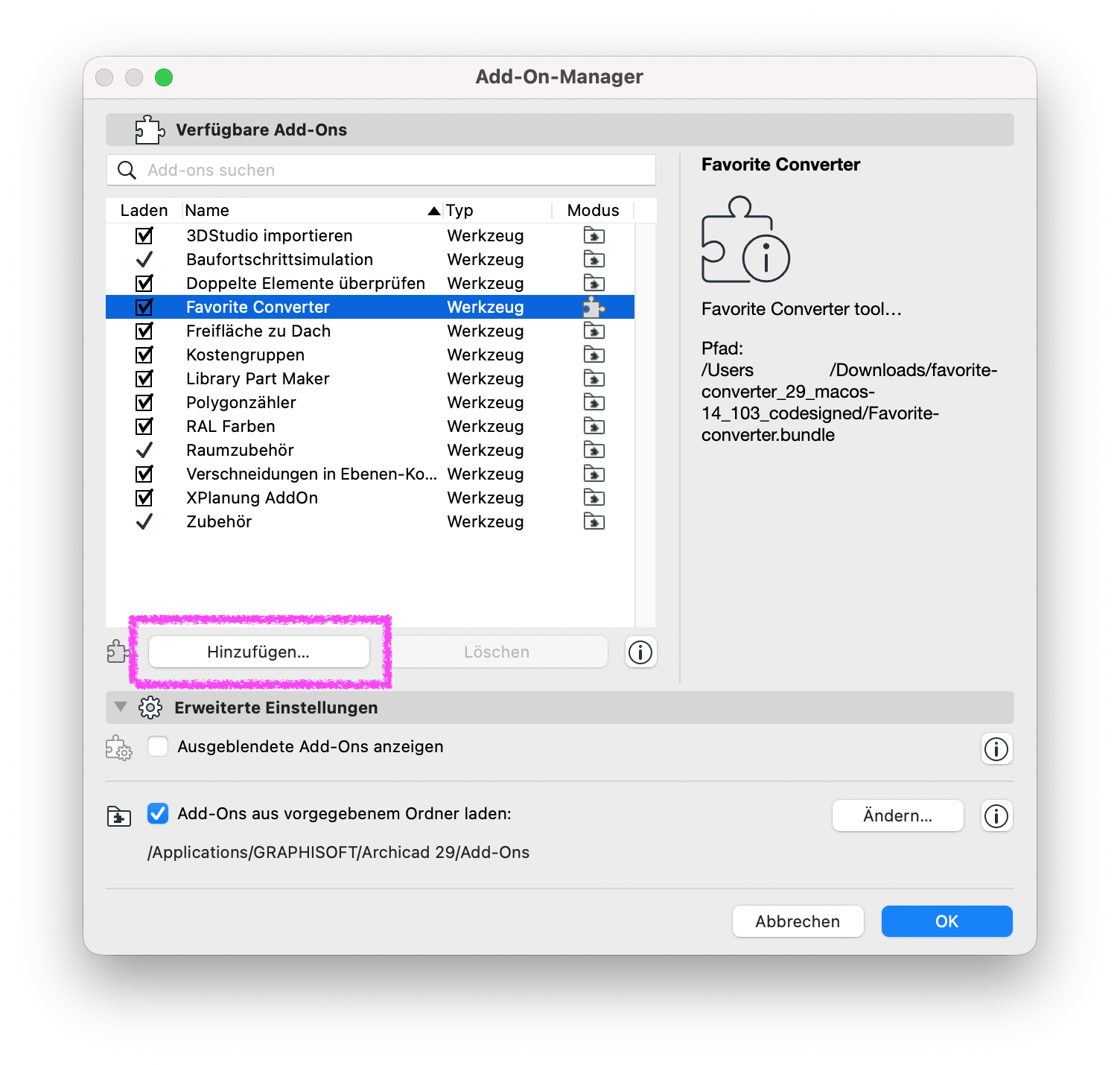 Add-On-Manager mit ausgewähltem Add-On Favorite Converter. Hervorgehoben ist die Schaltfläche Hinzufügen, über die das Add-On manuell geladen werden kann.