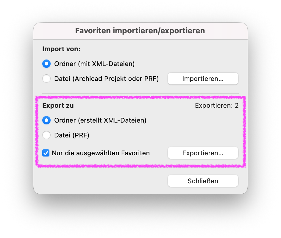 Dialogfenster Favoriten importieren/exportieren. Hervorgehoben ist der Bereich Export zu mit der Option Ordner erstellt XML-Dateien sowie Nur die ausgewählten Favoriten.