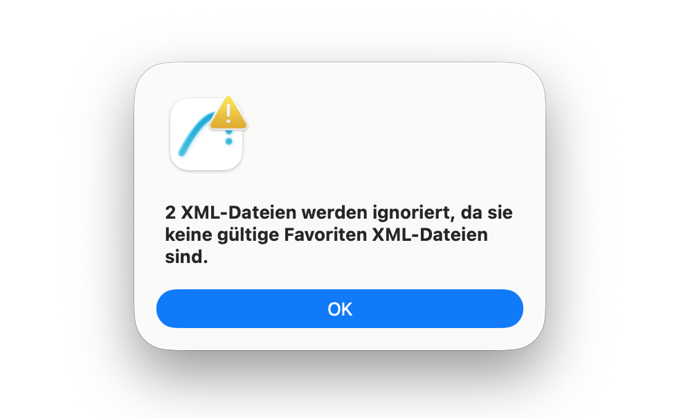 Warnmeldung beim Import von Favoriten. Zwei XML-Dateien werden ignoriert, da sie keine gültigen Favoriten-XML-Dateien sind.