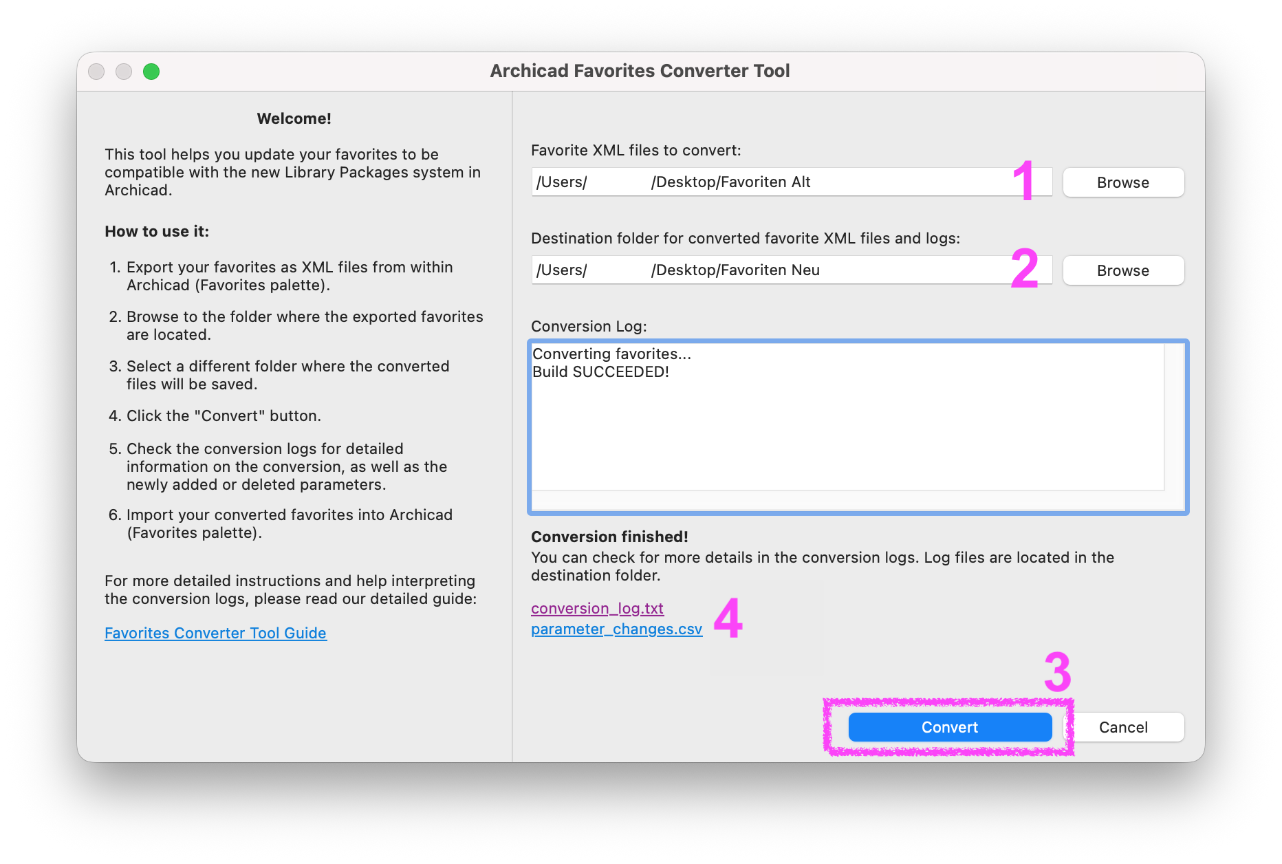 Archicad Favorites Converter Tool mit ausgewähltem Quellordner für bestehende Favoriten und Zielordner für die konvertierten XML-Dateien. Über Convert wird die Konvertierung gestartet; anschließend stehen Protokolldateien mit Informationen zur Konvertierung zur Verfügung.