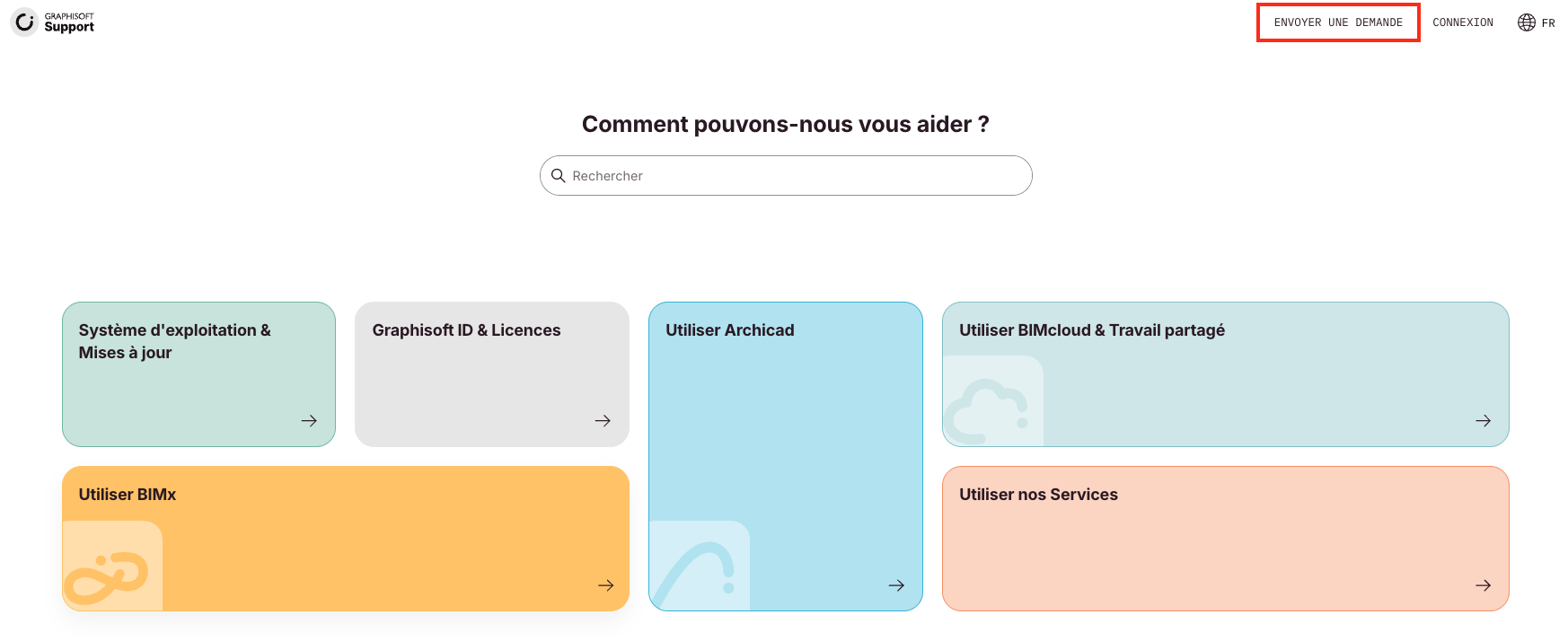 Page d'accueil du Centre d'assistance Graphisoft en français avec le bouton « Envoyer une demande » encadré en rouge en haut à droite, à côté de « Connexion » et du sélecteur de langue FR.