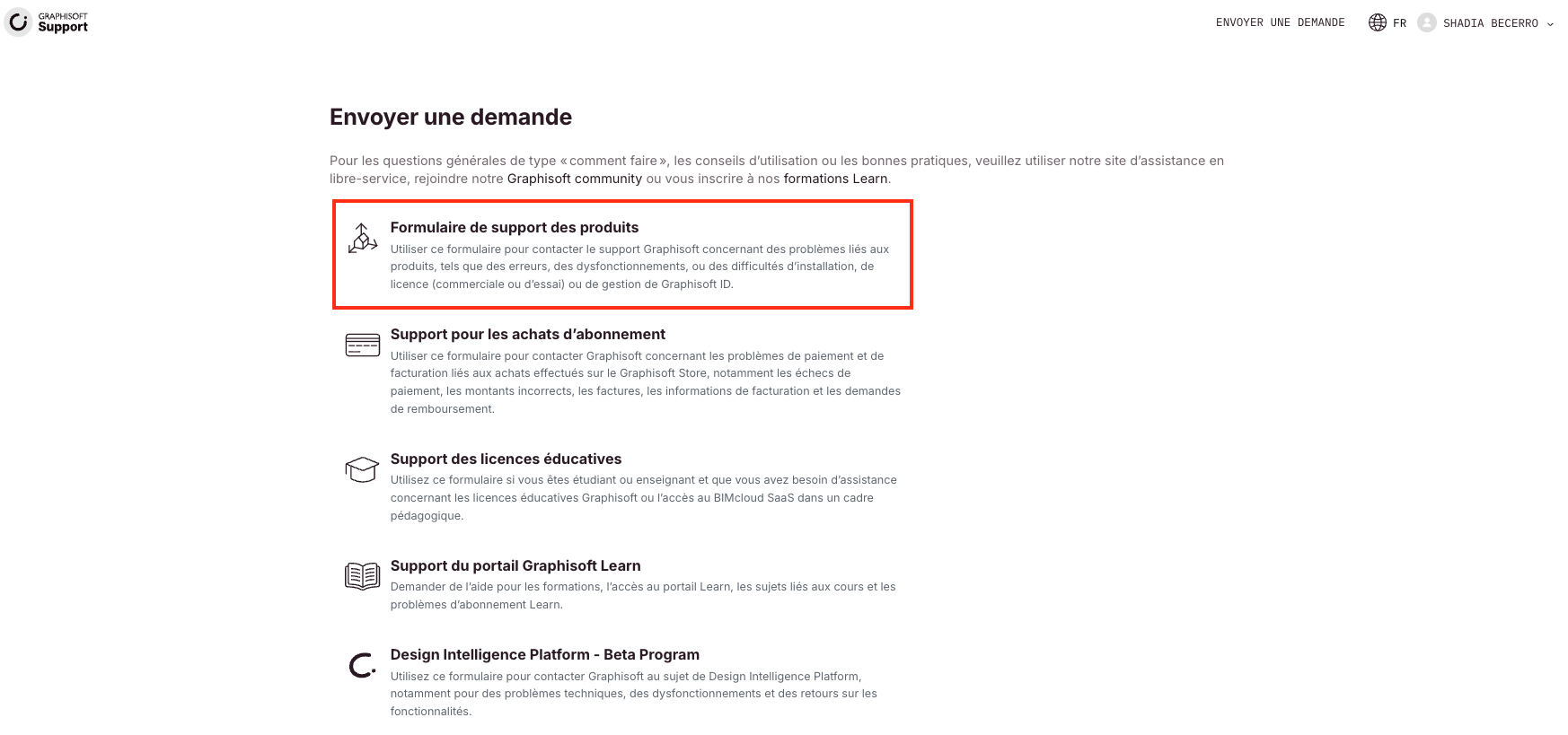 Page « Envoyer une demande » du support Graphisoft listant les formulaires disponibles ; le « Formulaire de support des produits » est encadré en rouge en haut de la liste.