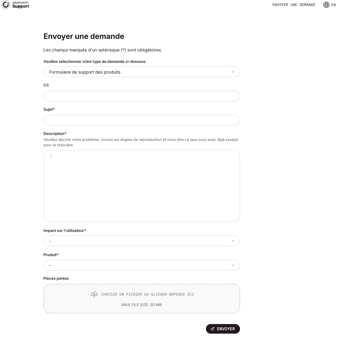 Formulaire de support des produits Graphisoft avec les champs CC, Sujet, Description, Impact sur l'utilisateur, Produit et une zone de pièces jointes (50 Mo max), puis le bouton Envoyer.