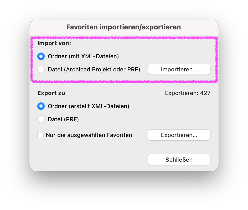 Dialogfenster Favoriten importieren/exportieren. Hervorgehoben ist der Bereich Import von mit der Option Ordner mit XML-Dateien zur Auswahl eines Ordners mit Favoriten-Dateien.