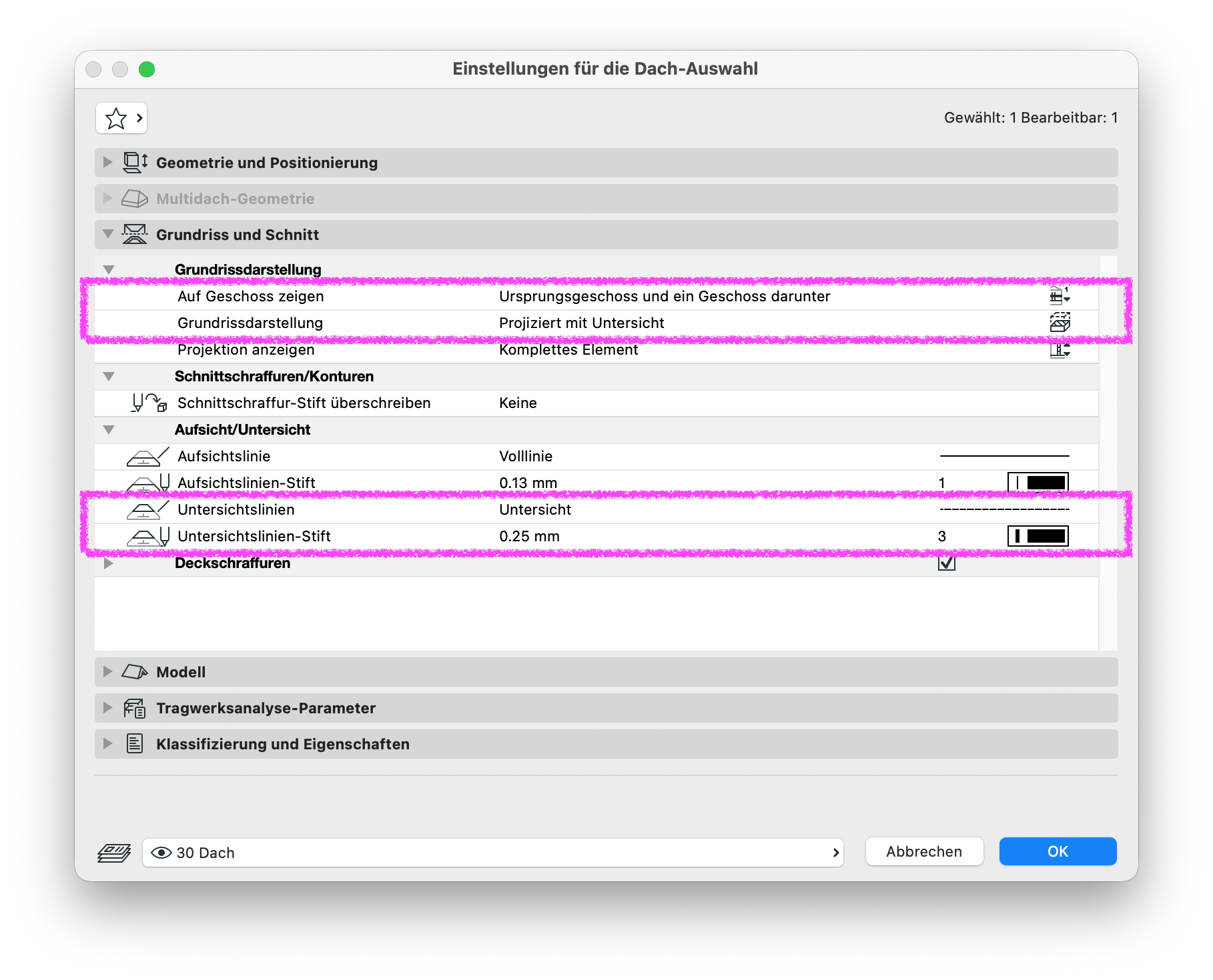 Einstellungen für die Dach-Auswahl im Bereich Grundriss und Schnitt. Hervorgehoben sind die Grundrissdarstellung Projiziert mit Untersicht sowie die Einstellungen für Untersichtslinien und deren Stift.