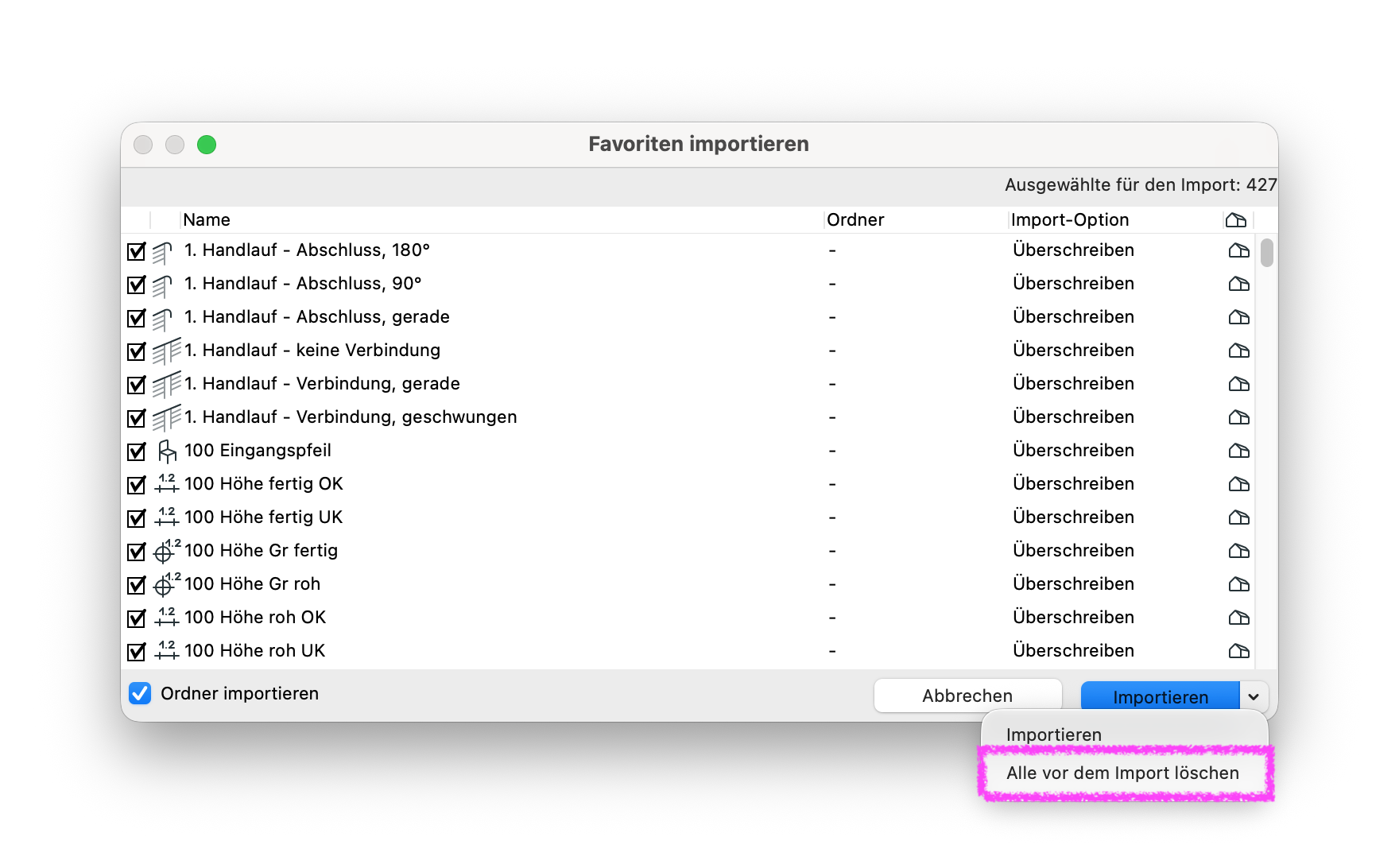 Dialogfenster Favoriten importieren mit einer Liste von 427 ausgewählten Favoriten. Im Menü der Schaltfläche Importieren ist die Option Alle vor dem Import löschen hervorgehoben.