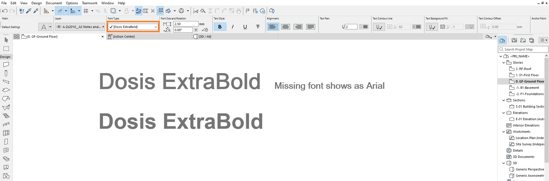 Im Feld Schriftart ist Dosis ExtraBold in Klammern dargestellt. Dies kennzeichnet eine nicht verfügbare Schriftart. Der Text wird daher mit einer verfügbaren Ersatzschrift wie Arial angezeigt.
