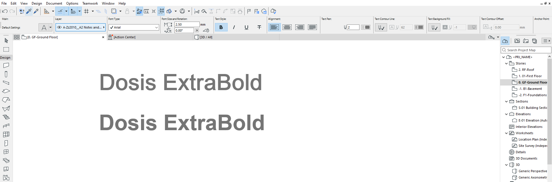 Der Text ist mit der Schriftart Arial formatiert und wird entsprechend angezeigt. Das Häkchen neben dem Namen der Schriftart zeigt an, dass die Schriftart verfügbar ist.
